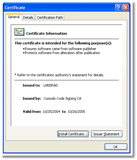 The Comodo certificate details for LANSRAD